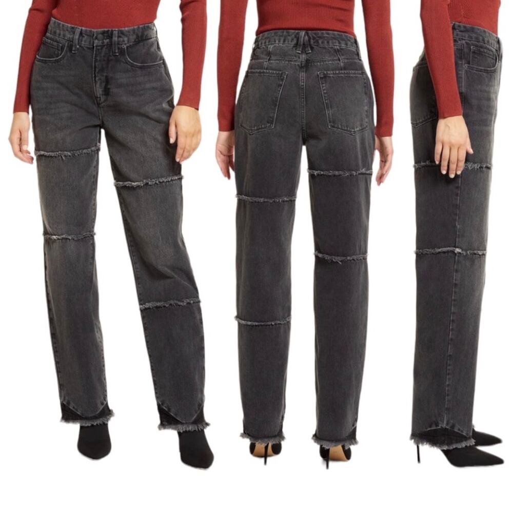 Good American Black Rugged Denim‎ 90s Seamed Fray Hem Straight Leg Jeans Size 6